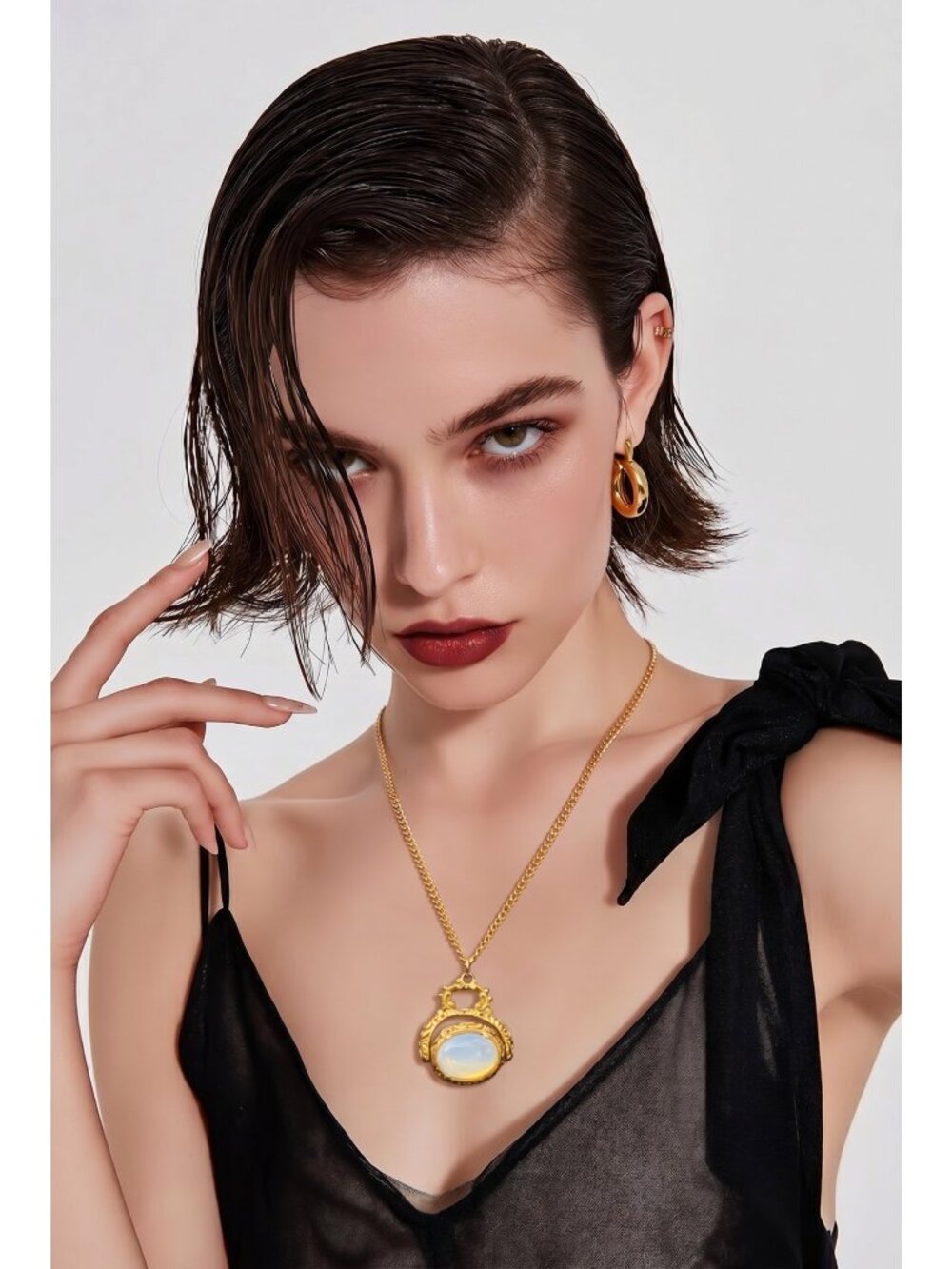 Vintage-Inspired Gold Pendant Necklace With Opalescent Cabochon & Ornate Floral